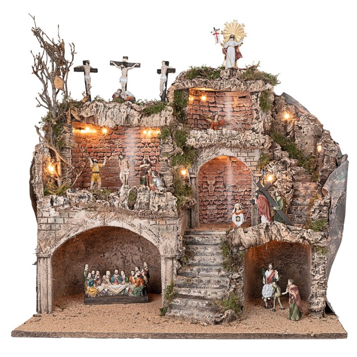 Presepe Pasquale illuminato completo di statue cm 62x45x60h