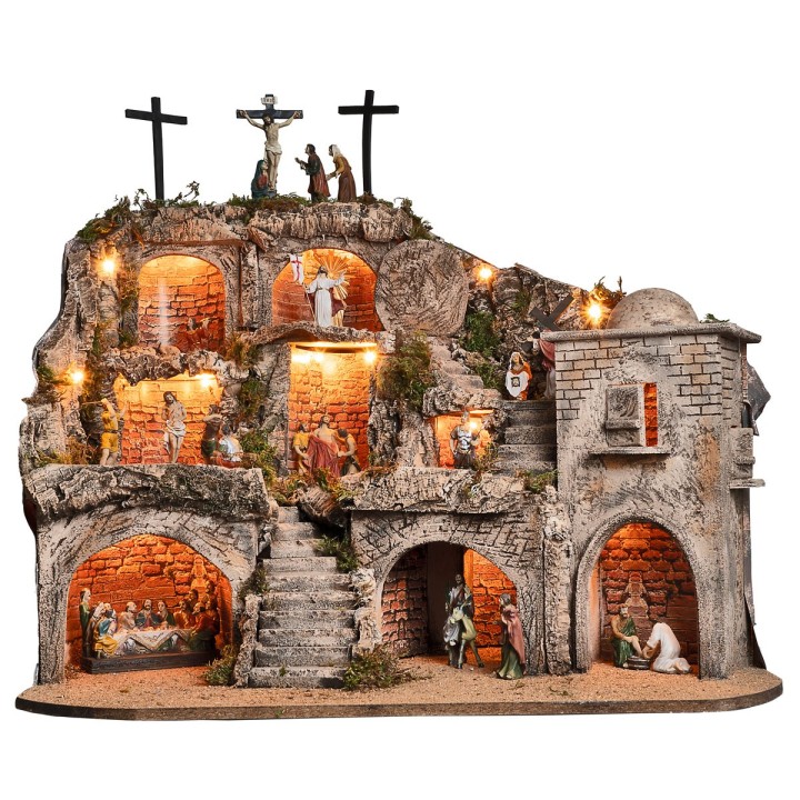 Presepe Pasquale illuminato completo di statue con grotte e