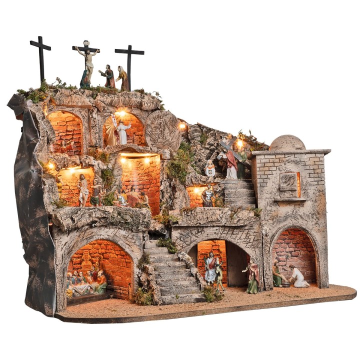 Belén Pascual iluminado completo de estatuas con cuevas y