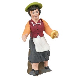 Donna seduta con pane della serie 10 cm in terracotta dipinta