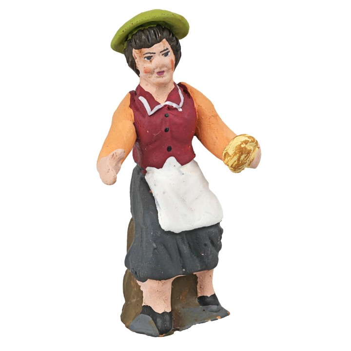 Donna seduta con pane della serie 10 cm in terracotta dipinta