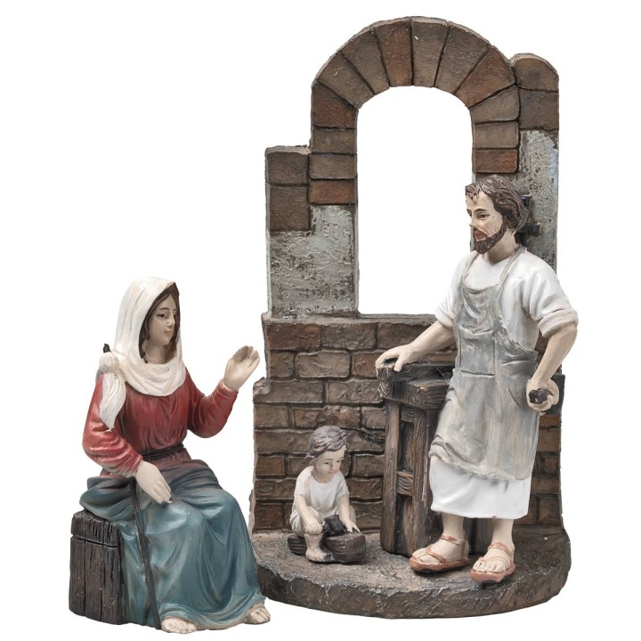 Sacra famiglia bottega da falegname 10 cm in resina