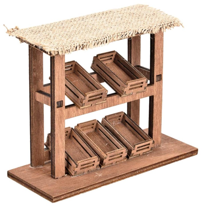 Puesto de madera con cajas y techo de yute cm 16x6.5x13 h