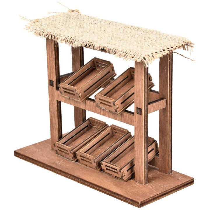Bancarella in legno con cassette e tetto in Juta cm 16x6.5x13 h