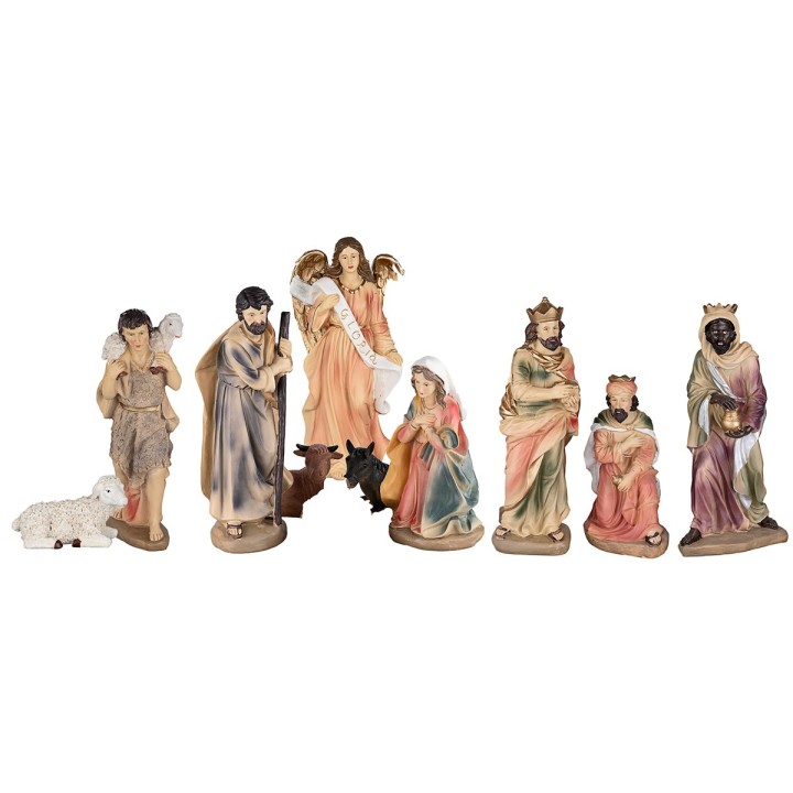 Set 11 soggetti Natività, Magi, angelo e pastore 40 cm in resina