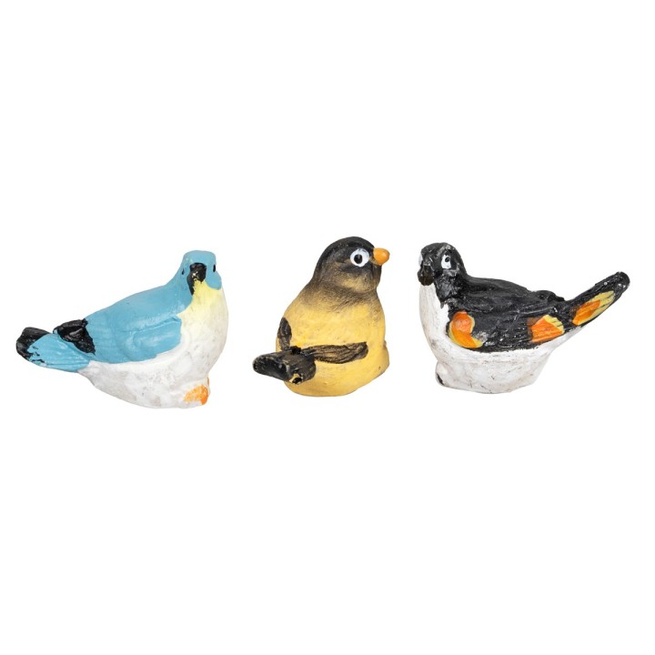 Set di tre uccellini in resina colorata h 1,5 cm