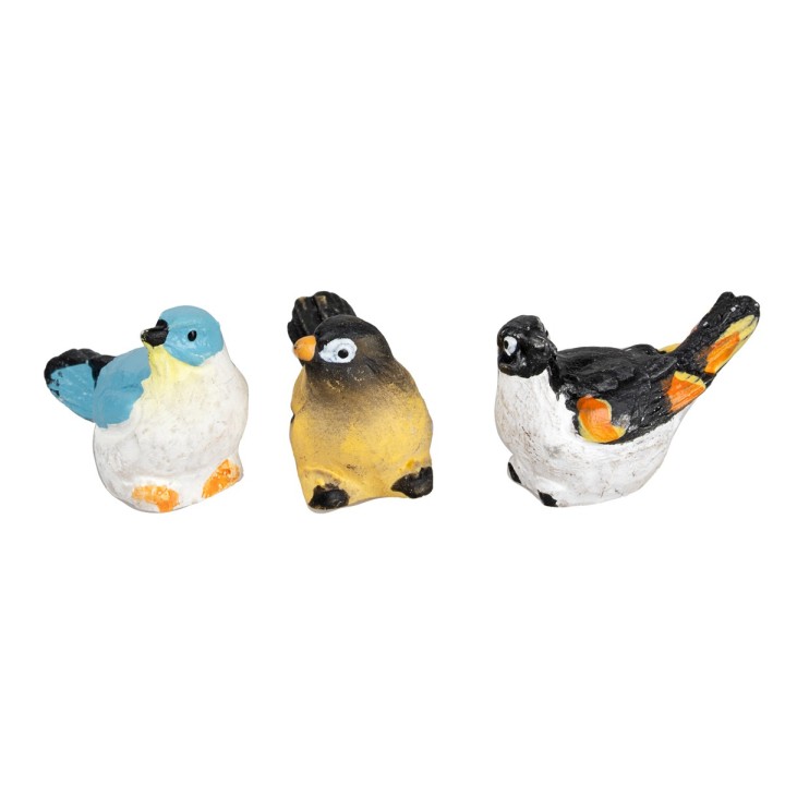 Conjunto de tres pajaritos de resina coloreada altura 1,5 cm