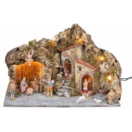 Pesebre iluminado con fuente y figuras Landi cm 51x33x32 h