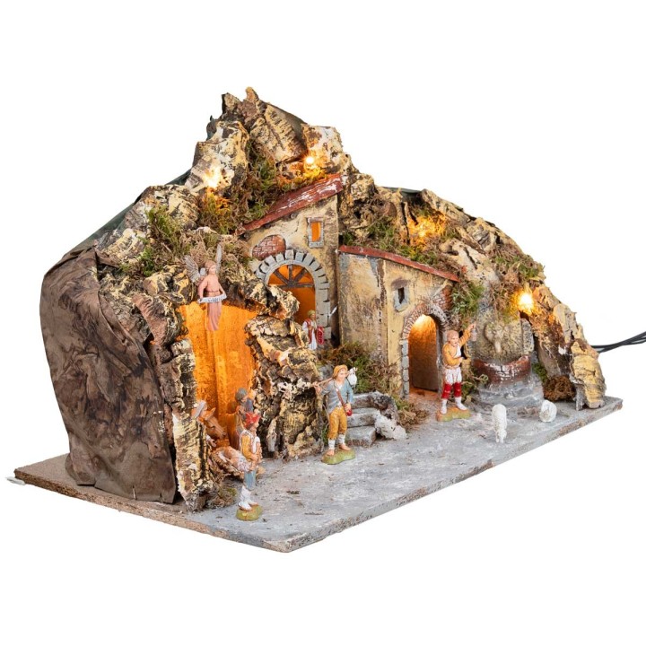 Pesebre iluminado con fuente y figuras Landi cm 51x33x32 h