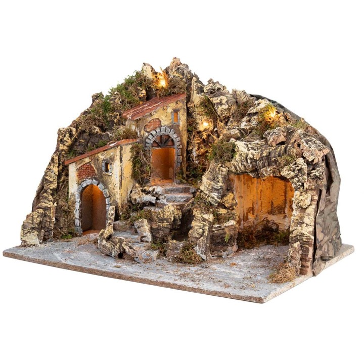 Belén iluminado con gruta y cascada cm 51x33x32 h