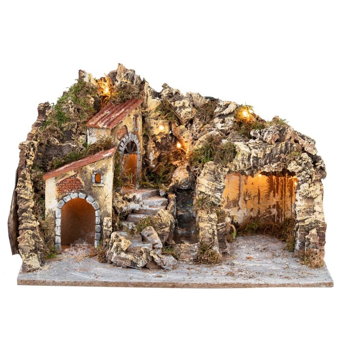 Presepe illuminato con grotta e cascata cm 51x33x32 h
