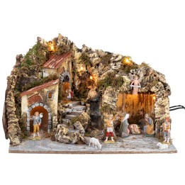 Presepe illuminato con cascata e statuine Landi cm 51x33x32 h