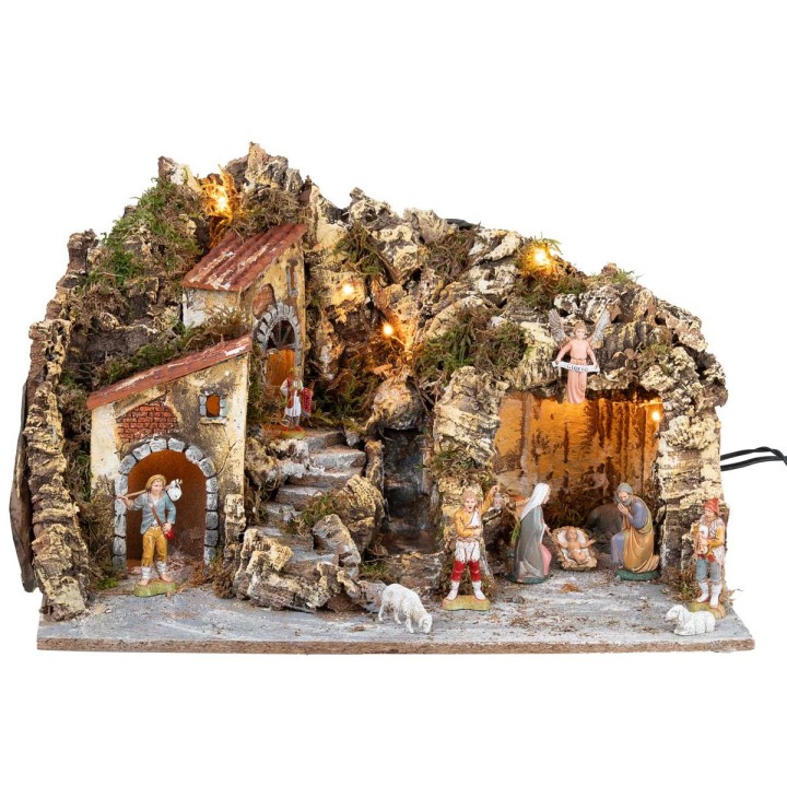 Presepe illuminato con cascata e statuine Landi cm 51x33x32 h