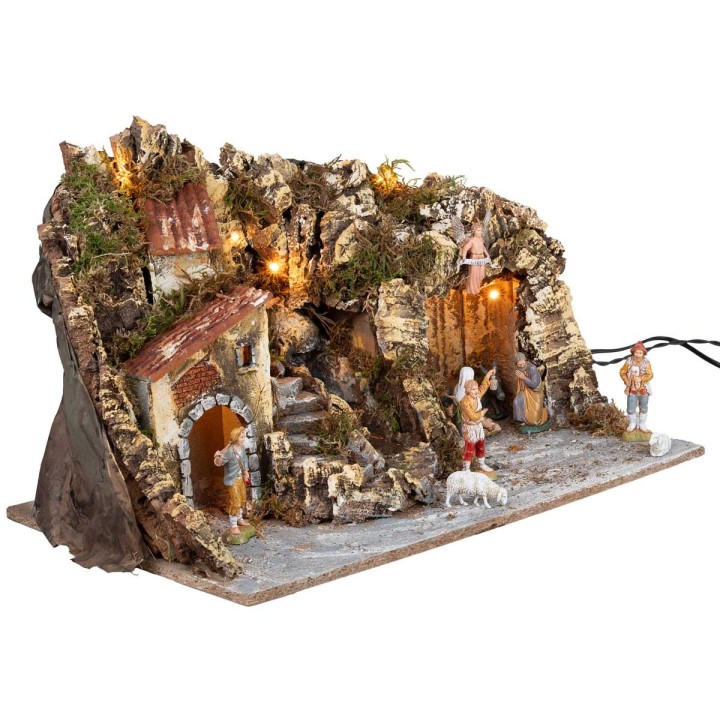 Presepe illuminato con cascata e statuine Landi cm 51x33x32 h