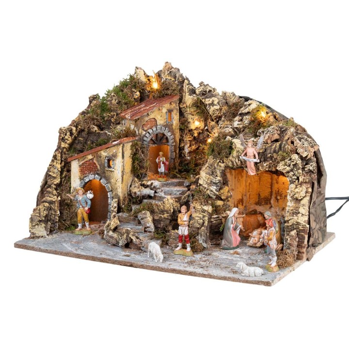 Presepe illuminato con cascata e statuine Landi cm 51x33x32 h