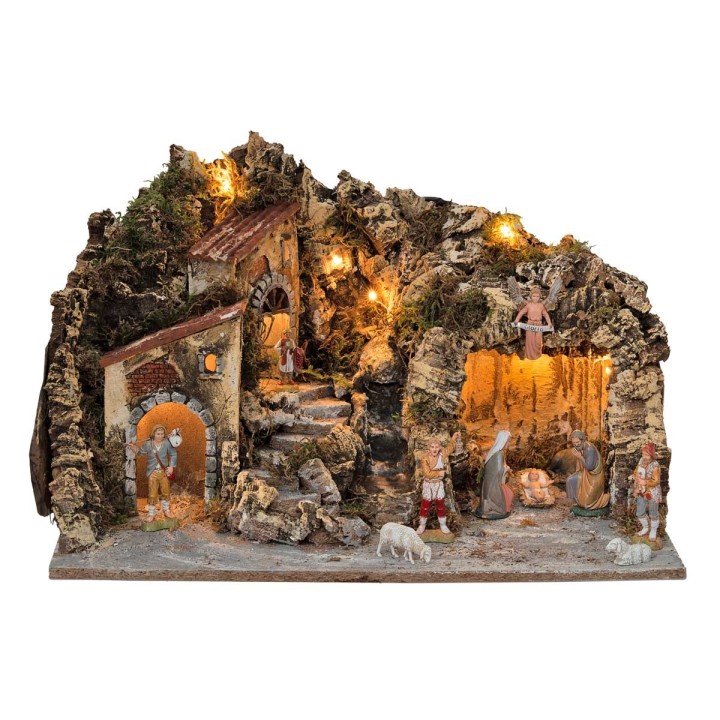 Presepe illuminato con cascata e statuine Landi cm 51x33x32 h