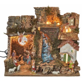 Belén iluminado con cascada y estatuas Landi cm 45x30x37 h