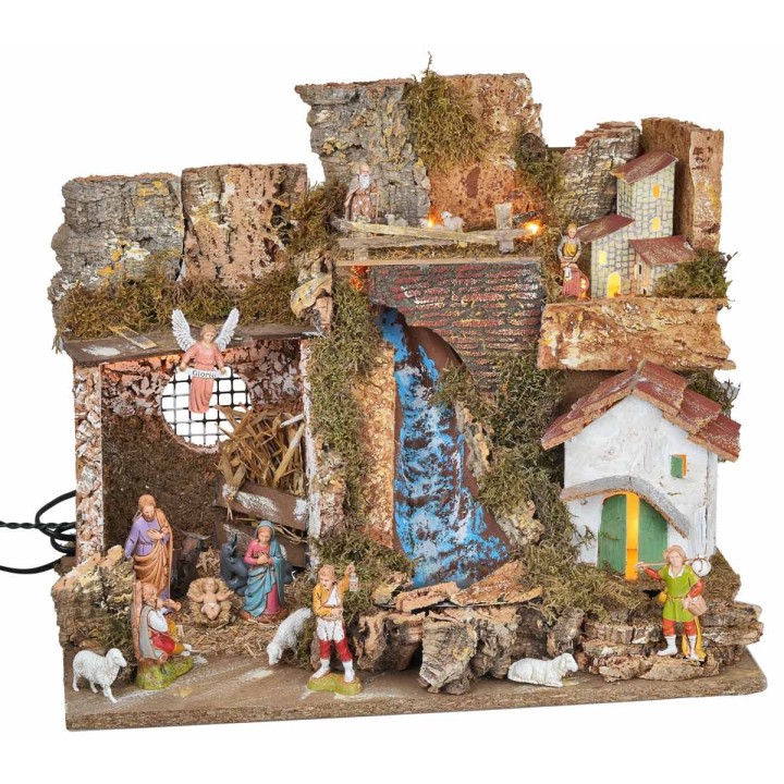 Illuminated nativity scene with waterfall and Landi statues cm 45x30x37 h