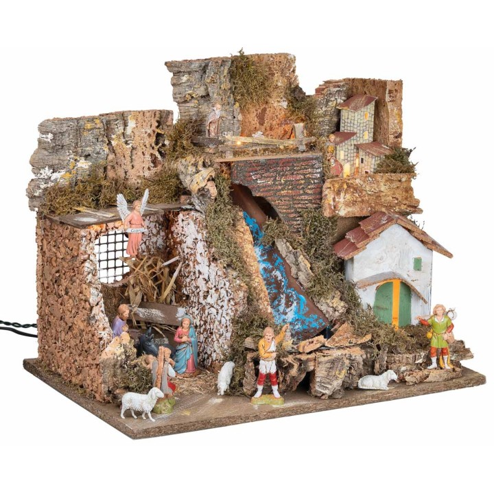 Presepe illuminato con cascata e statue Landi cm 45x30x37 h