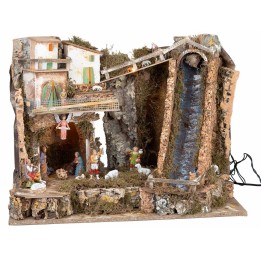 Illuminated nativity scene with steep waterfall and Landi statues cm