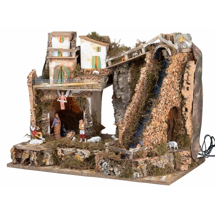 Illuminated nativity scene with steep waterfall and Landi statues cm