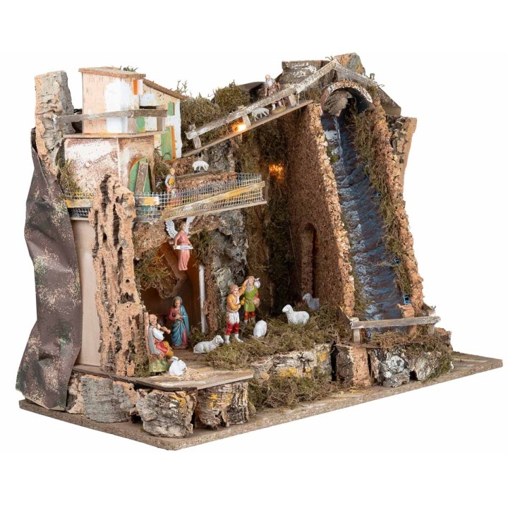 Presepe illuminato con cascata ripida e statue Landi cm
