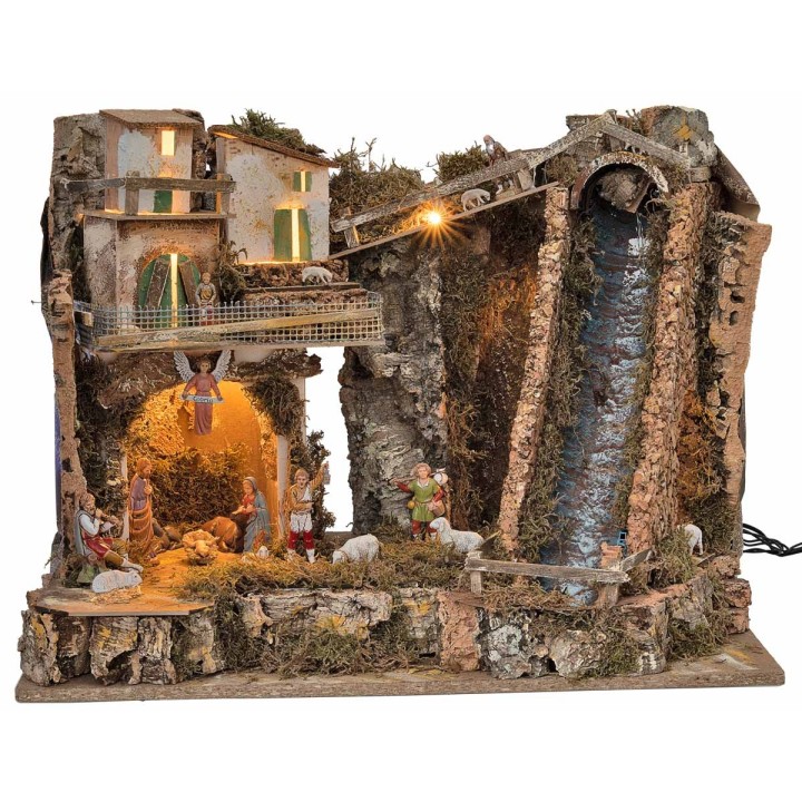 Illuminated nativity scene with steep waterfall and Landi statues cm