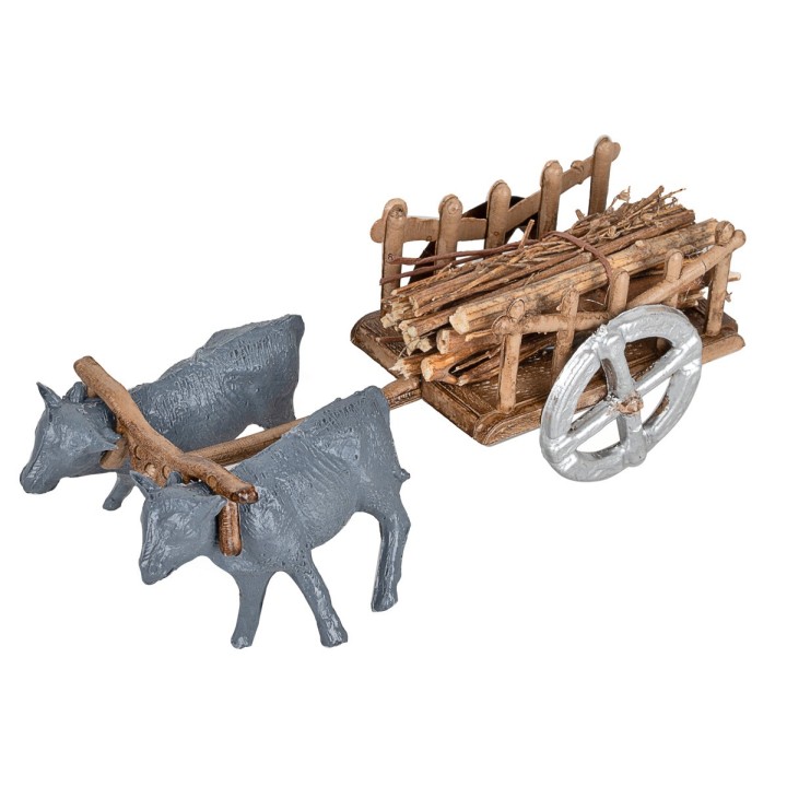 Carretto con buoi carico di legna cm 4,5x3x3,5 h