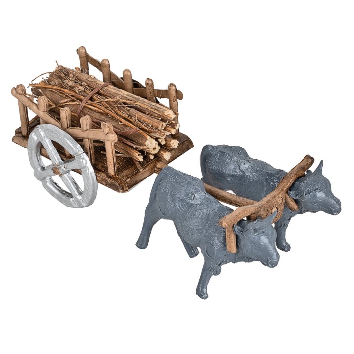 Carretto con buoi carico di legna cm 4,5x3x3,5 h