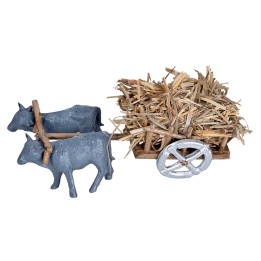 Carretto con buoi carico di paglia cm 3x4,7x4 h