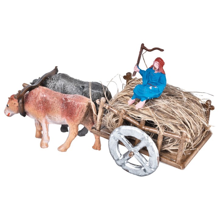 Cart with oxen and farmer with straw 4.7x6.7x4.5 h
