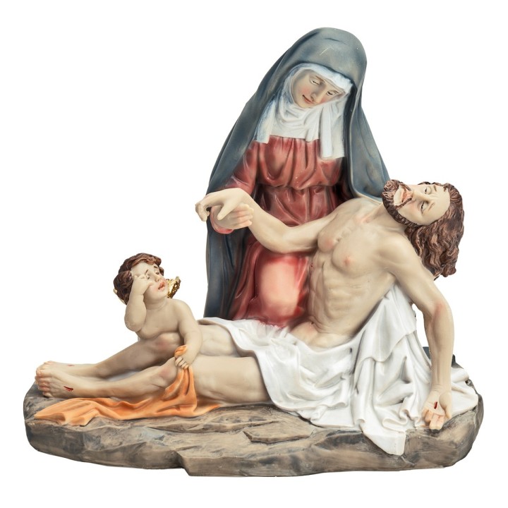 Pietà con Maria, Gesù e angioletto serie 19 cm in resina