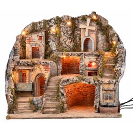 Illuminated nativity scene with fountain, fire, and windmill cm