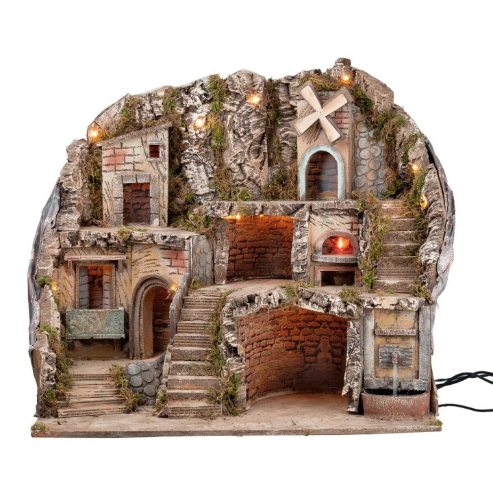 Illuminated nativity scene with fountain, fire, and windmill cm