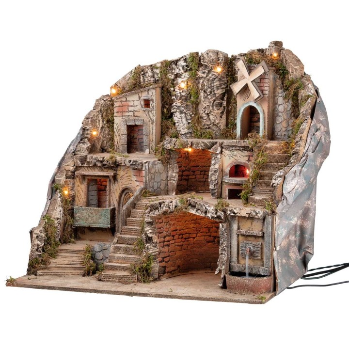 Presepe illuminato con fontana, fuoco e mulino a vento cm