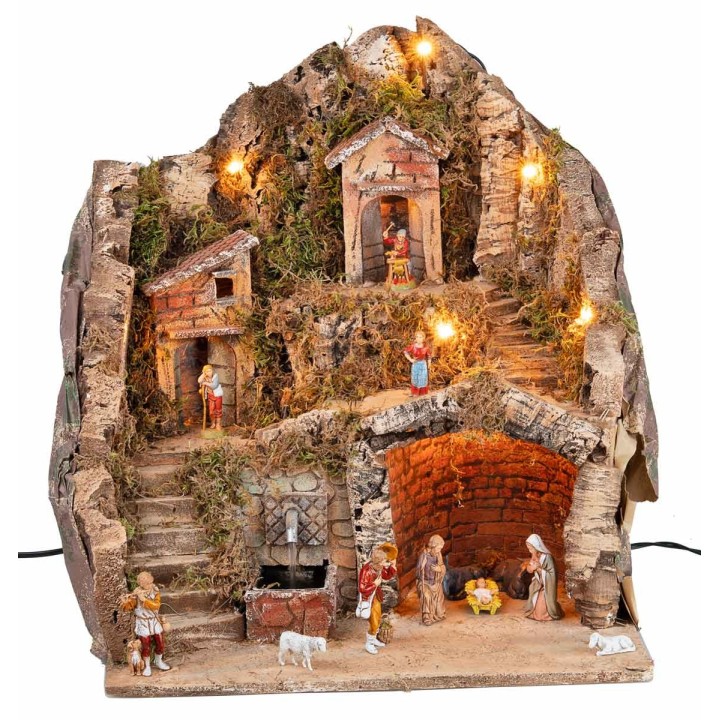 Nacimiento completo con figuras Landi, luces y fuente cm 40x30x40 h