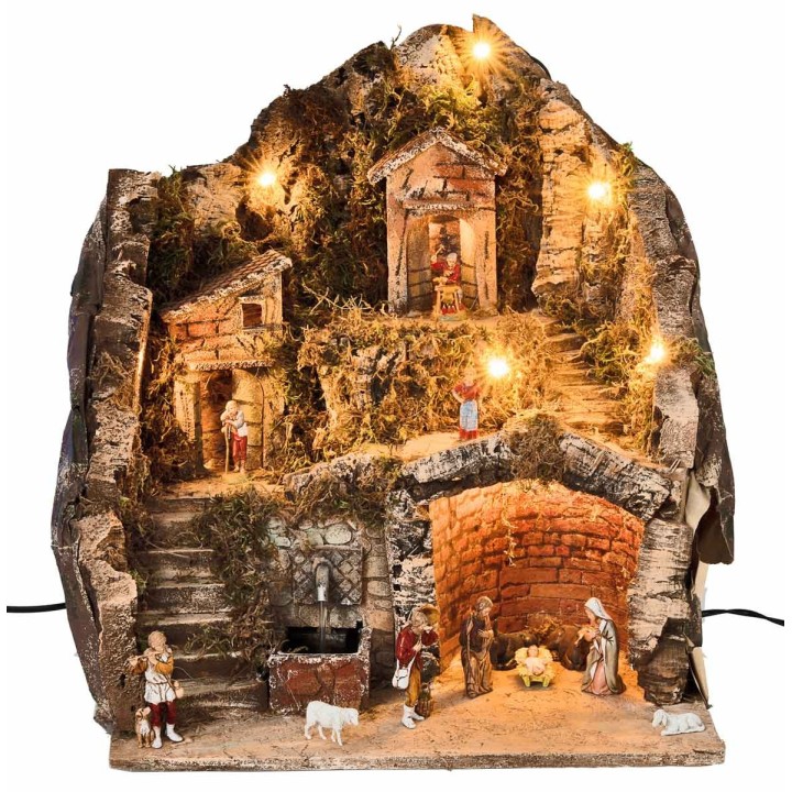 Complete nativity scene with Landi statues, lights, and fountain cm 40x30x40 h