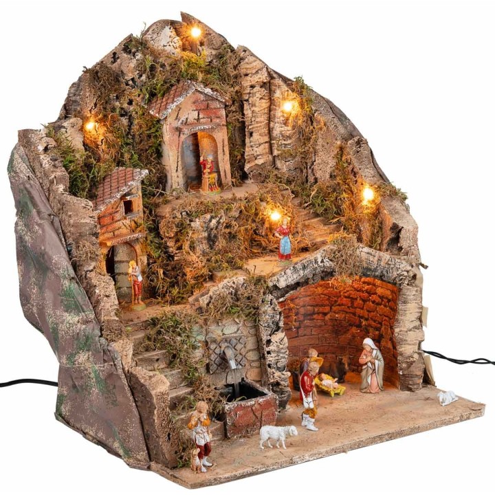 Nacimiento completo con figuras Landi, luces y fuente cm 40x30x40 h