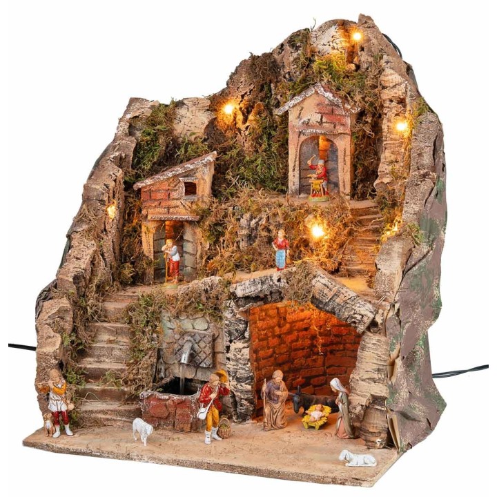 Presepe completo di statue Landi, luci e fontana cm 40x30x40 h
