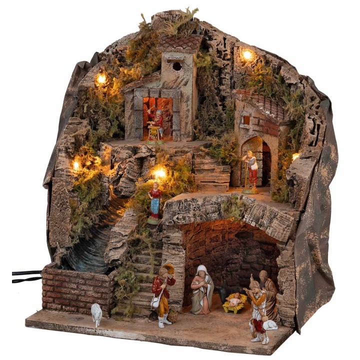 Presepe con statue Landi, luci e cascata cm 33x27x40 h