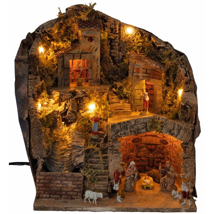 Presepe con statue Landi, luci e cascata cm 33x27x40 h