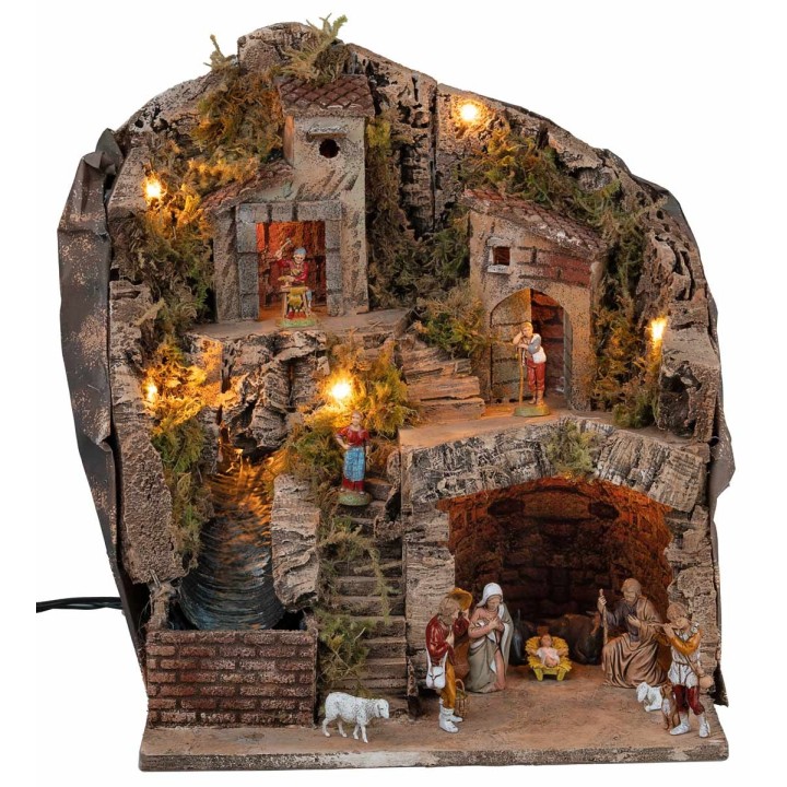 Presepe con statue Landi, luci e cascata cm 33x27x40 h