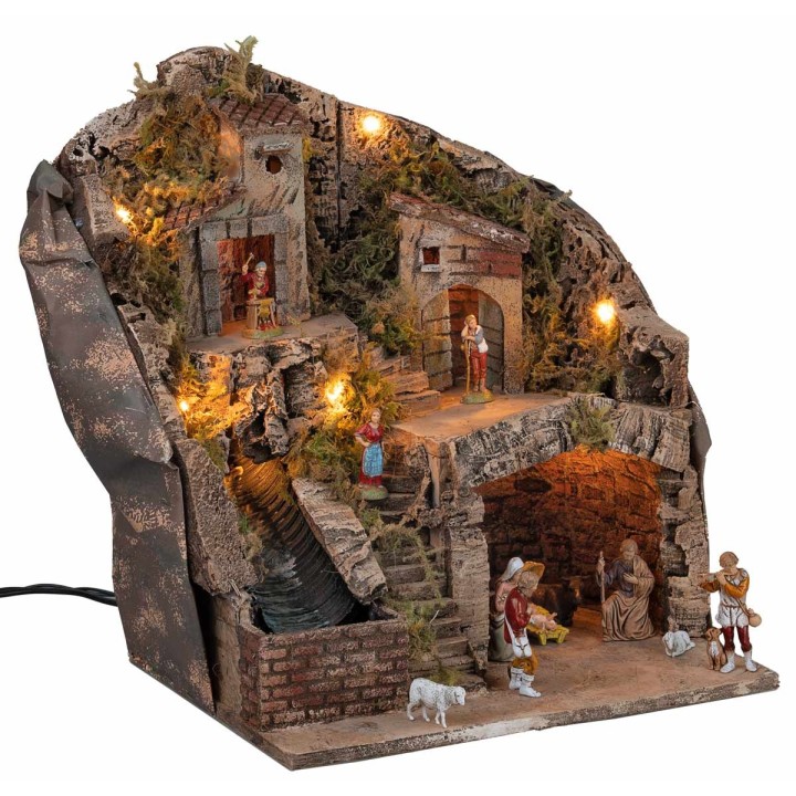 Presepe con statue Landi, luci e cascata cm 33x27x40 h
