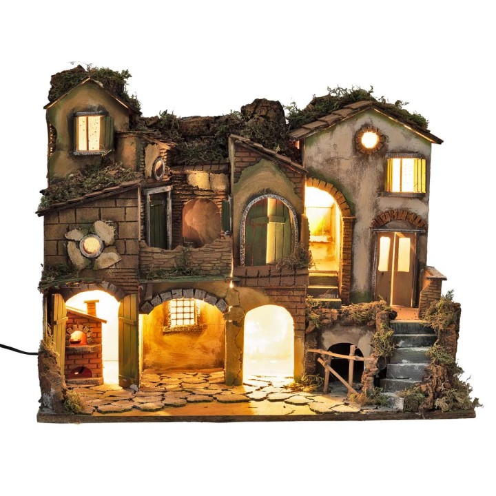 Presepe napoletano stile 700 illuminato con fuoco cm 63x40x50 h