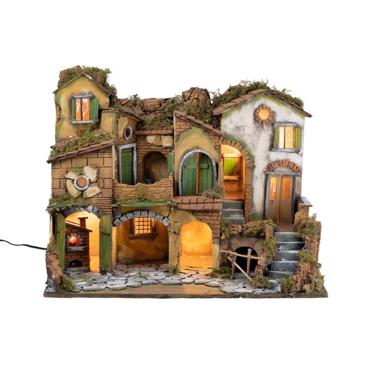Pesebre napolitano estilo 700 iluminado con fuego cm 63x40x50 h