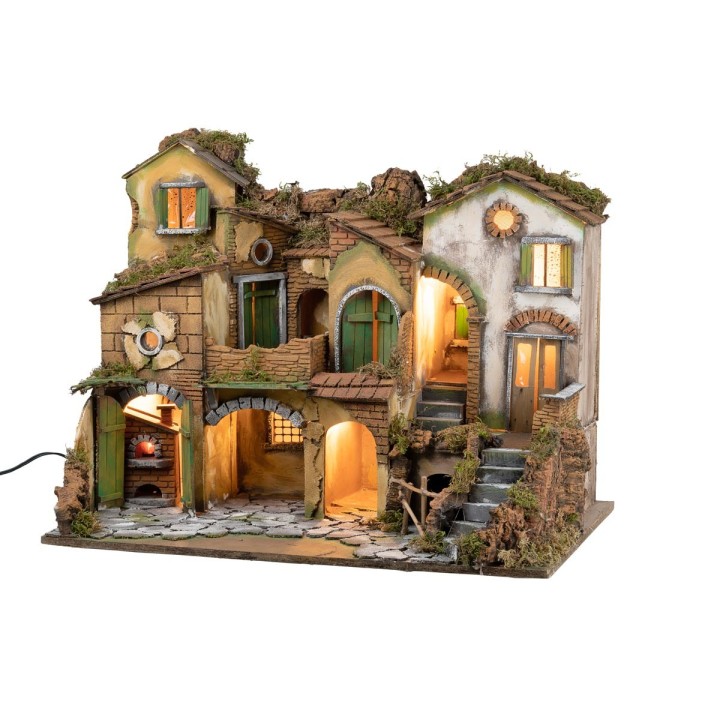Presepe napoletano stile 700 illuminato con fuoco cm 63x40x50 h