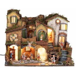 18th-century Neapolitan nativity scene with Landi statues, lights, and fire cm