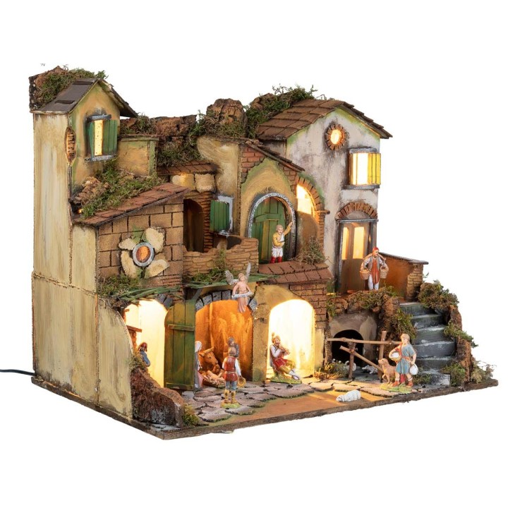 Presepe napoletano stile 700 con statue Landi, luci e fuoco cm