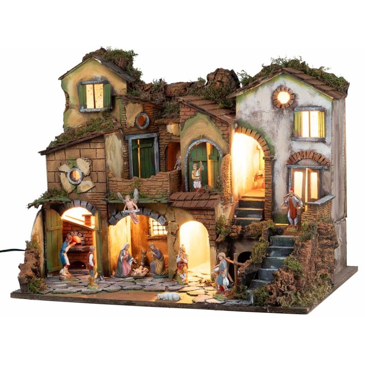 Belén napolitano estilo 700 con estatuas Landi, luces y fuego cm