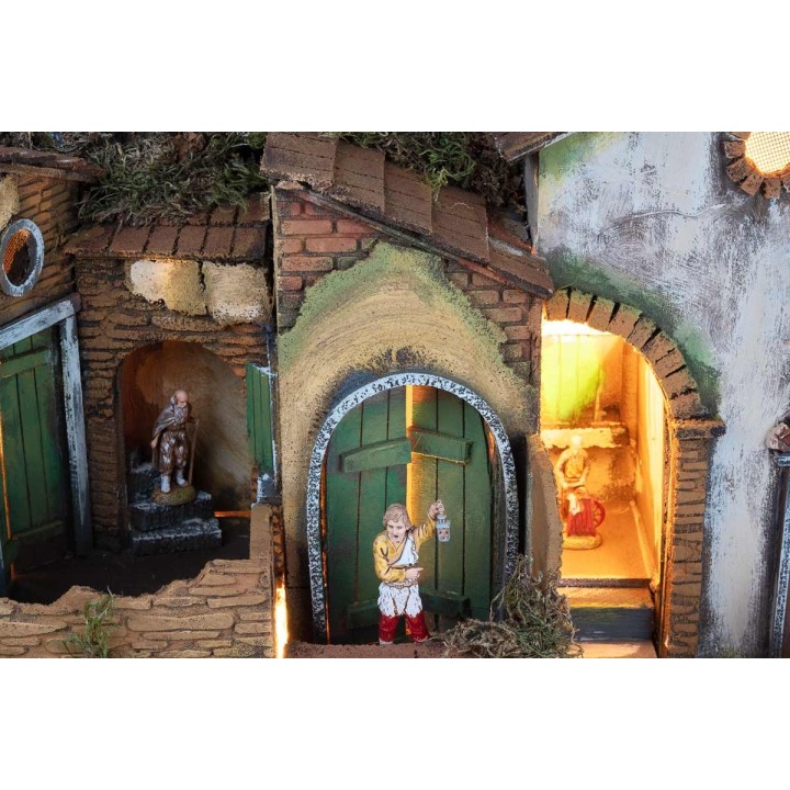 Presepe napoletano stile 700 con statue Landi, luci e fuoco cm